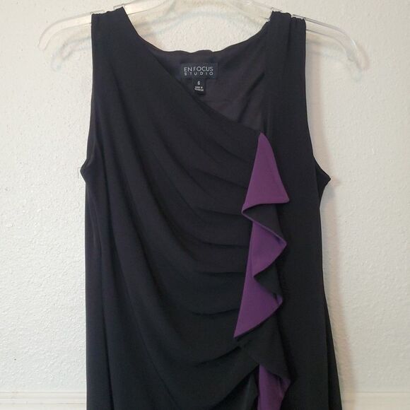 En Focus Dress Womens Size 6 Black Purple Ruffle Accent Stretch Cocktail - Picture 2 of 13